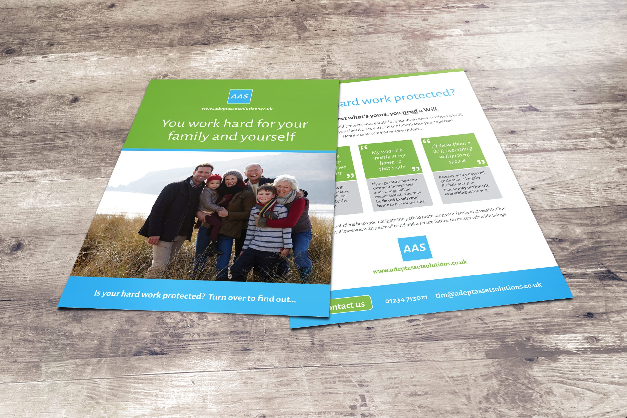 Design for a wills and estates leaflet for Adept Asset Solutions