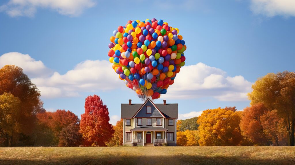 Moving house concept with residential house ready to be lifted off by thousands of balloons