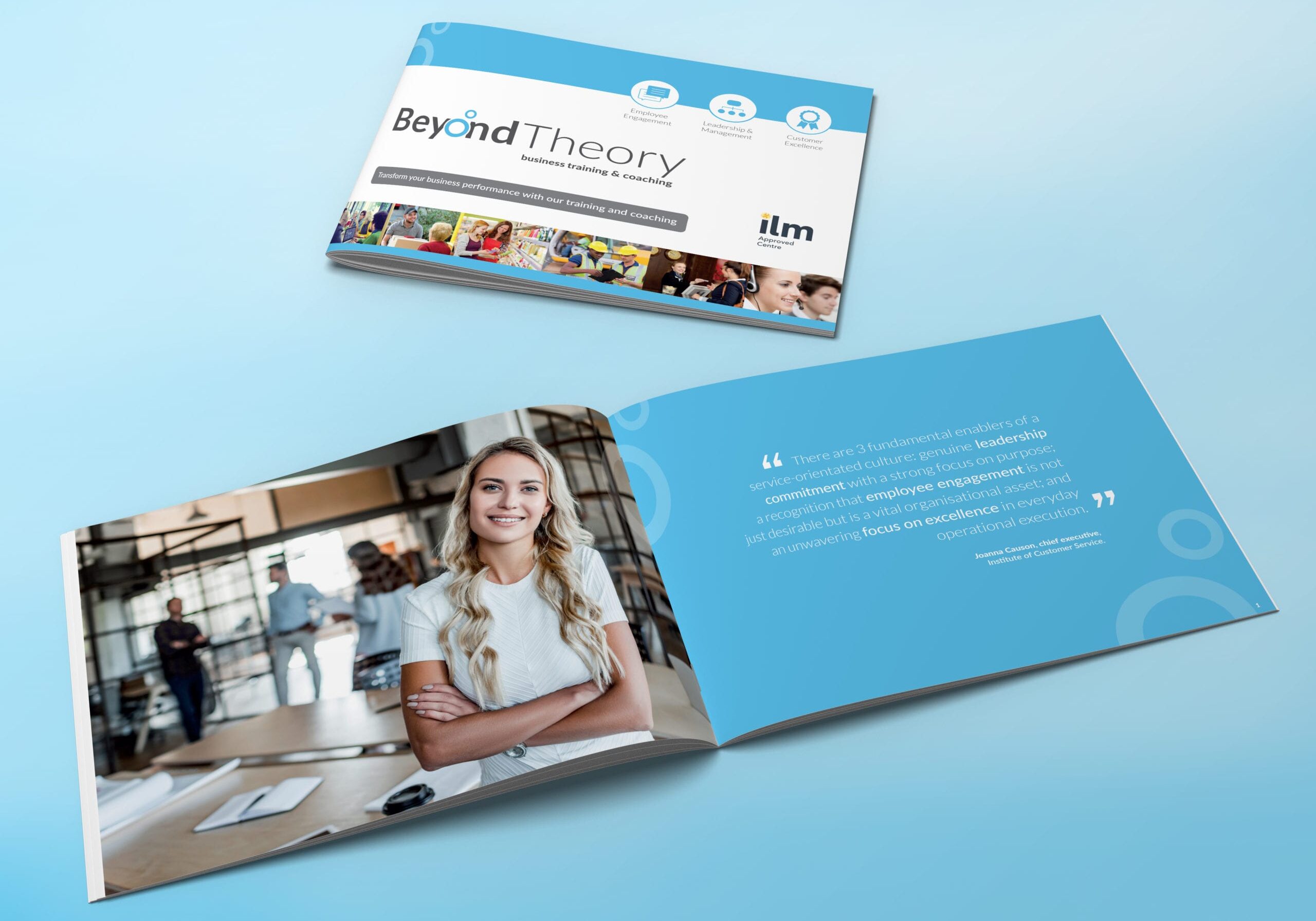 Brochure design for Beyond Theory showing a cover and an inside spread