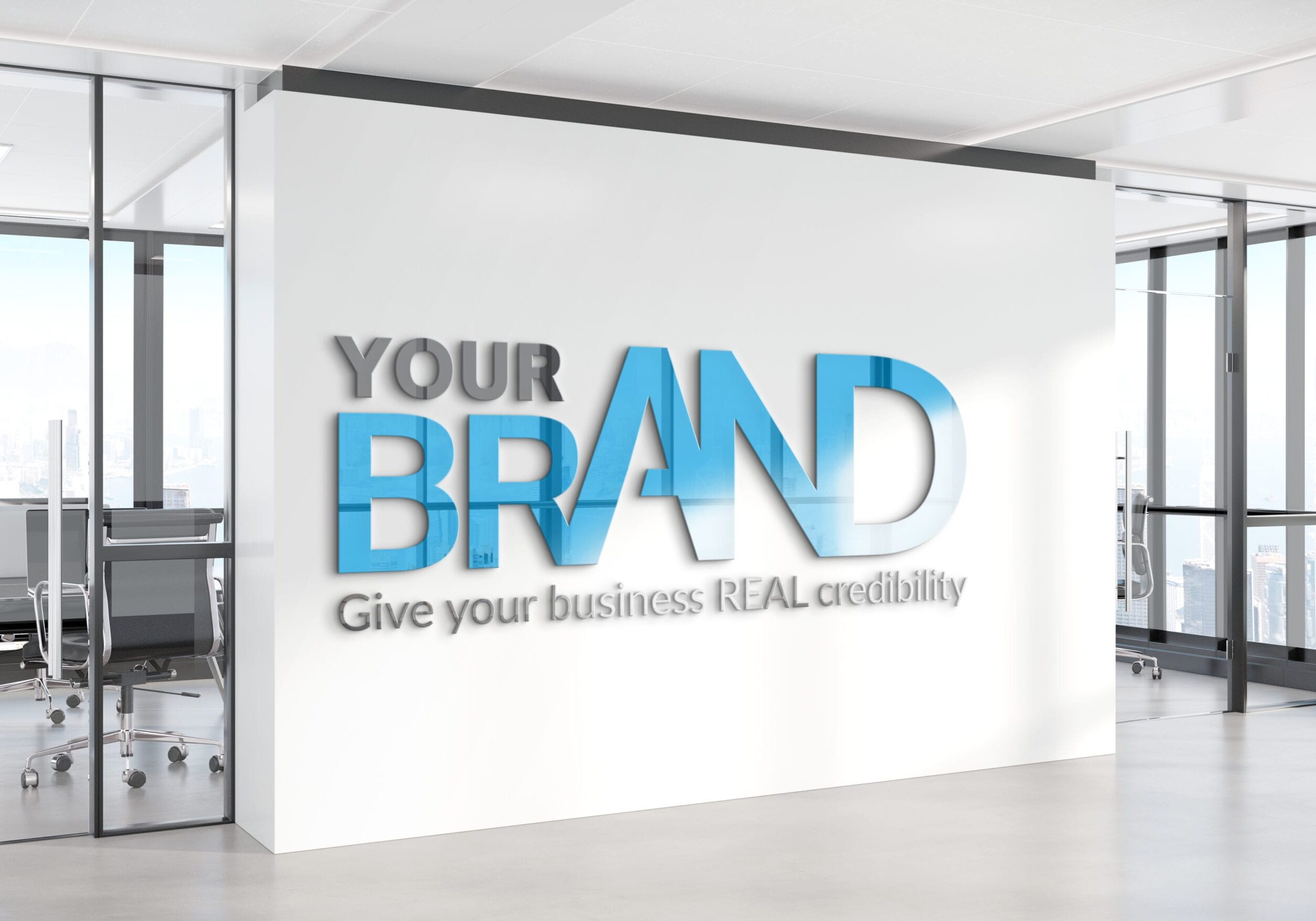Image of a smart office with lettering on the wall that says "Your brand: Give your business REAL credibility"