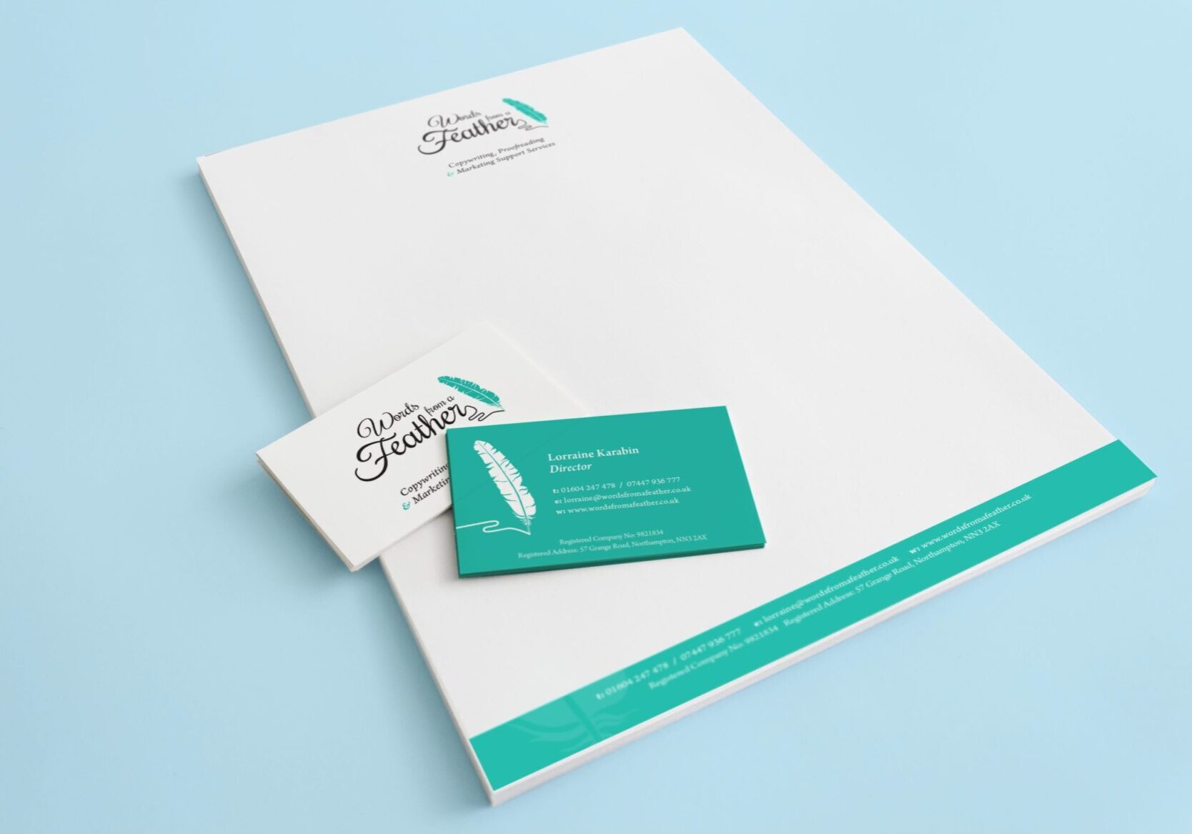 Letterhead and business cards for Words from a Feather
